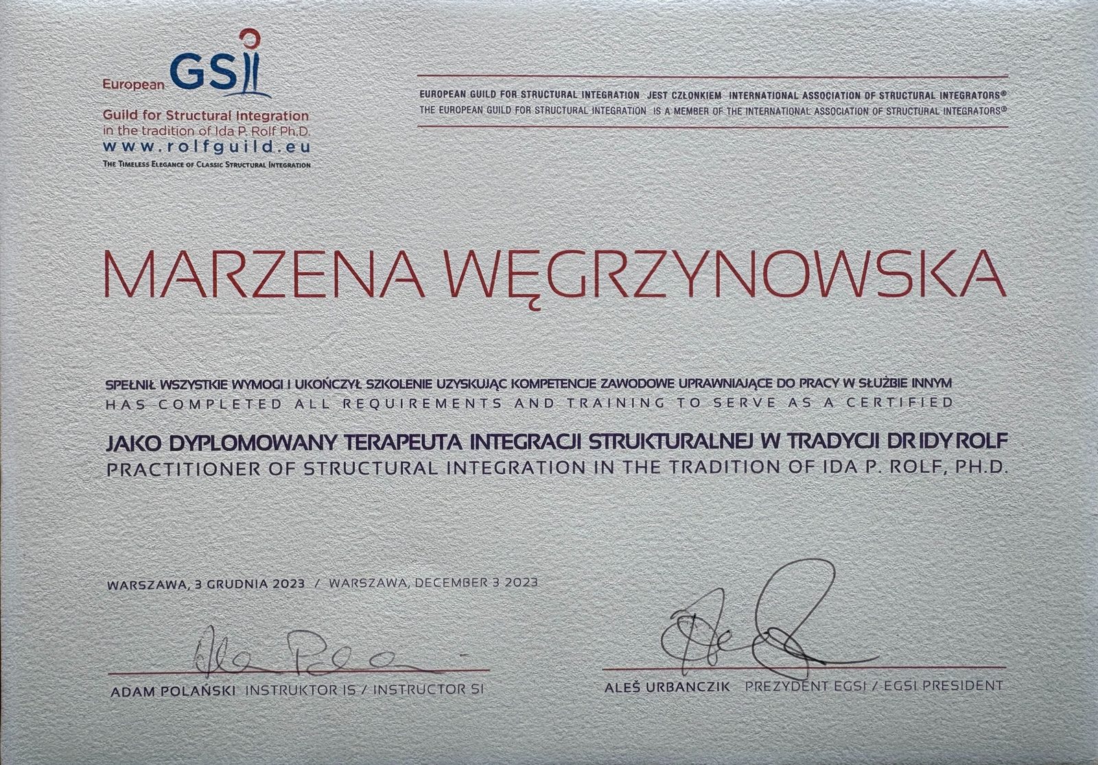 Certyfikat European Guild for Structural Integration dla Marzeny Węgrzynowskiej, Warszawa 2023